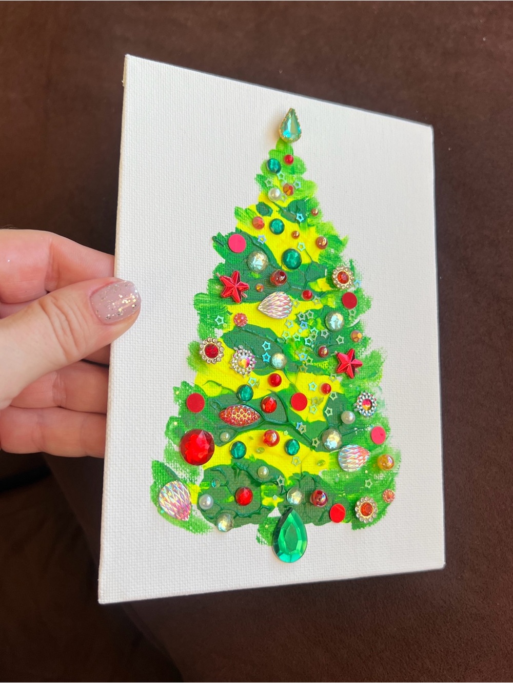 Handmade Classic Red & Green Jeweled Christmas Tree – 5x7 Original painting